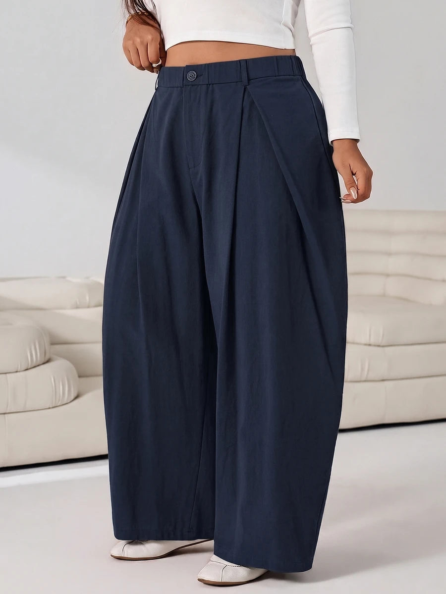 SHEIN EZwear Vintage Casual Street Style Loose Fit Olive Green Curved Hem Plus Size Pants, Autumn/Winter Baggy Fall