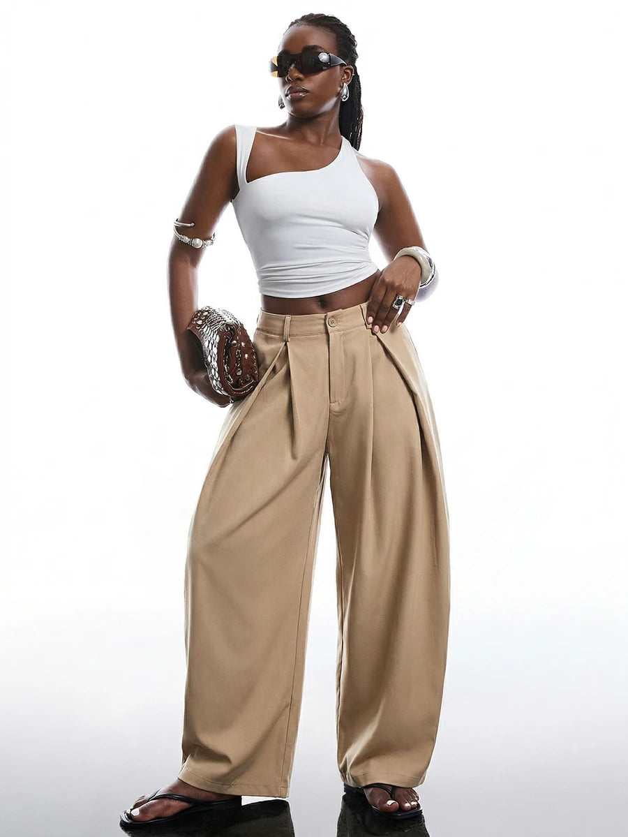 SHEIN EZwear Vintage Casual Street Style Loose Fit Olive Green Curved Hem Plus Size Pants, Autumn/Winter Baggy Fall