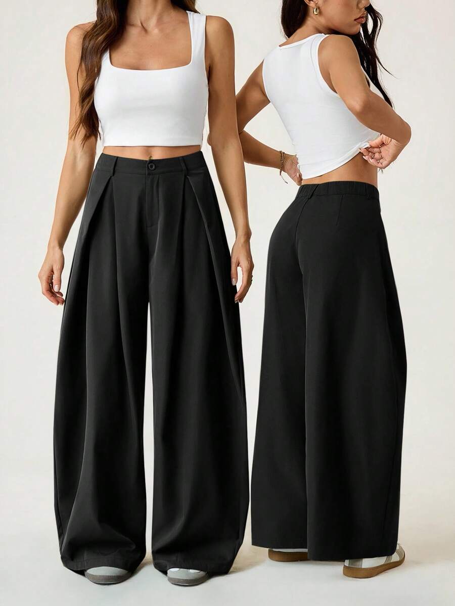 SHEIN EZwear Vintage Casual Street Style Loose Fit Olive Green Curved Hem Plus Size Pants, Autumn/Winter Baggy Fall