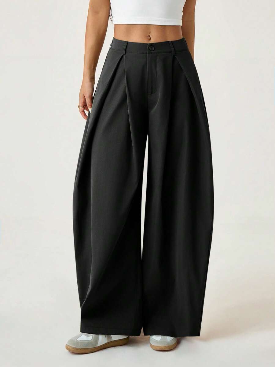 SHEIN EZwear Vintage Casual Street Style Loose Fit Olive Green Curved Hem Plus Size Pants, Autumn/Winter Baggy Fall