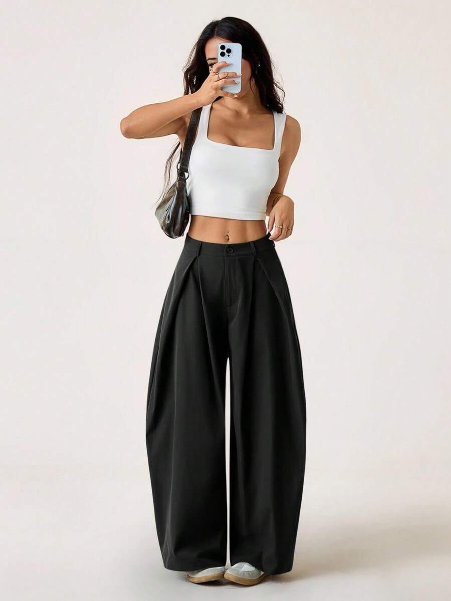 SHEIN EZwear Vintage Casual Street Style Loose Fit Olive Green Curved Hem Plus Size Pants, Autumn/Winter Baggy Fall