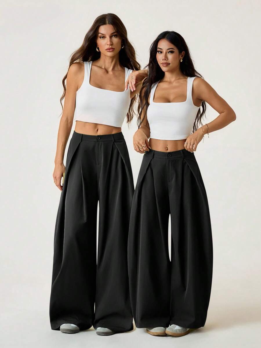 SHEIN EZwear Vintage Casual Street Style Loose Fit Olive Green Curved Hem Plus Size Pants, Autumn/Winter Baggy Fall