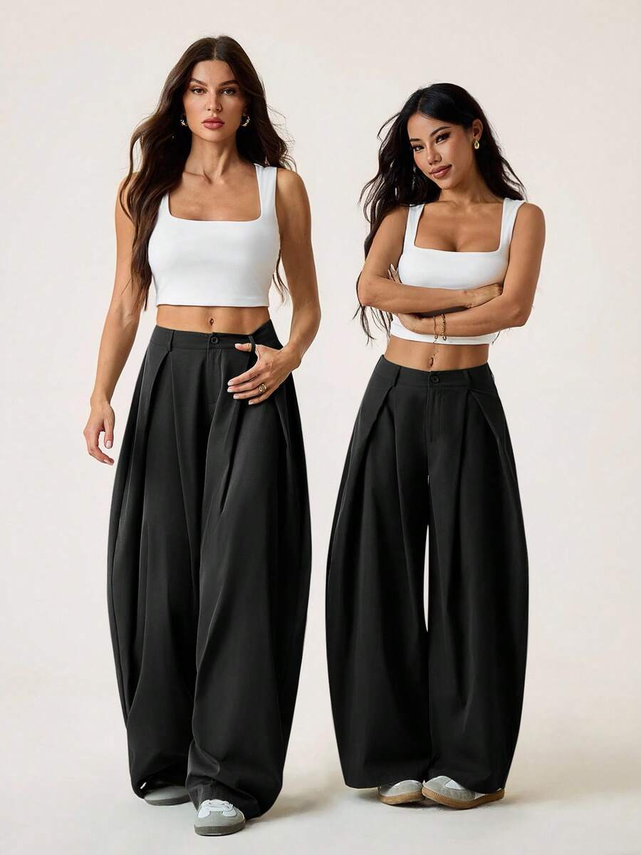 SHEIN EZwear Vintage Casual Street Style Loose Fit Olive Green Curved Hem Plus Size Pants, Autumn/Winter Baggy Fall