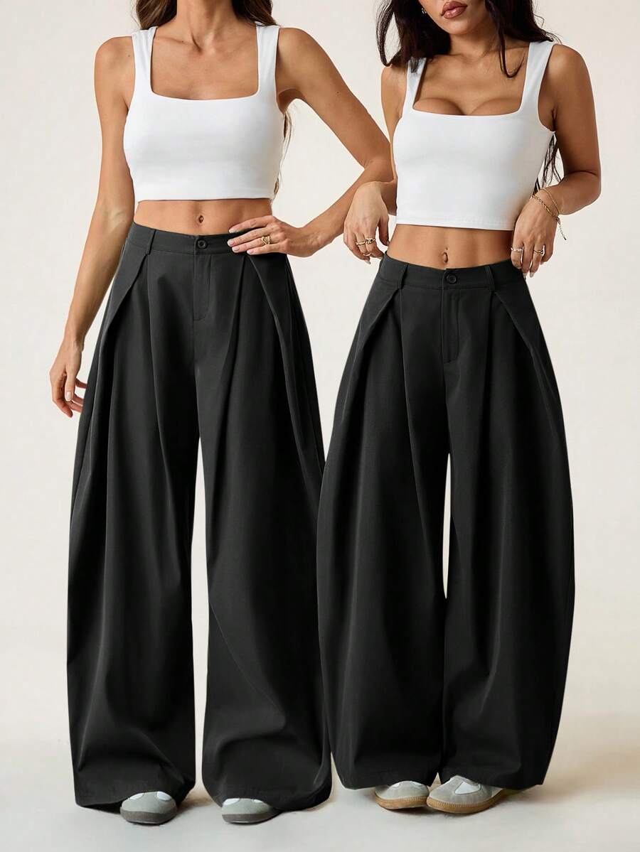 SHEIN EZwear Vintage Casual Street Style Loose Fit Olive Green Curved Hem Plus Size Pants, Autumn/Winter Baggy Fall