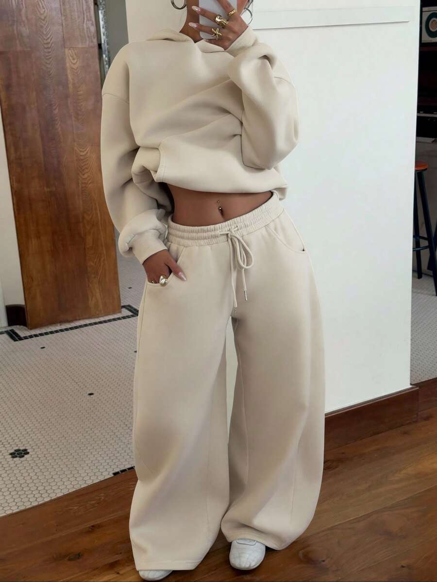 Muchica Women's Light Grey Autumn Thermal Lined Hoodie And Relaxed Fit Sweatpants Set,Casual Lounge Streetwear,Back To School Outfits,Holiday Outfits