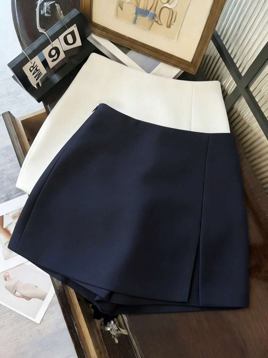 Franclia Women's Black Summer Casual Smart Office High Waist Slit Culottes,Textured Soft Fabric Shorts Skirt,Fashionable Commute Versatile Mini Hot Pants