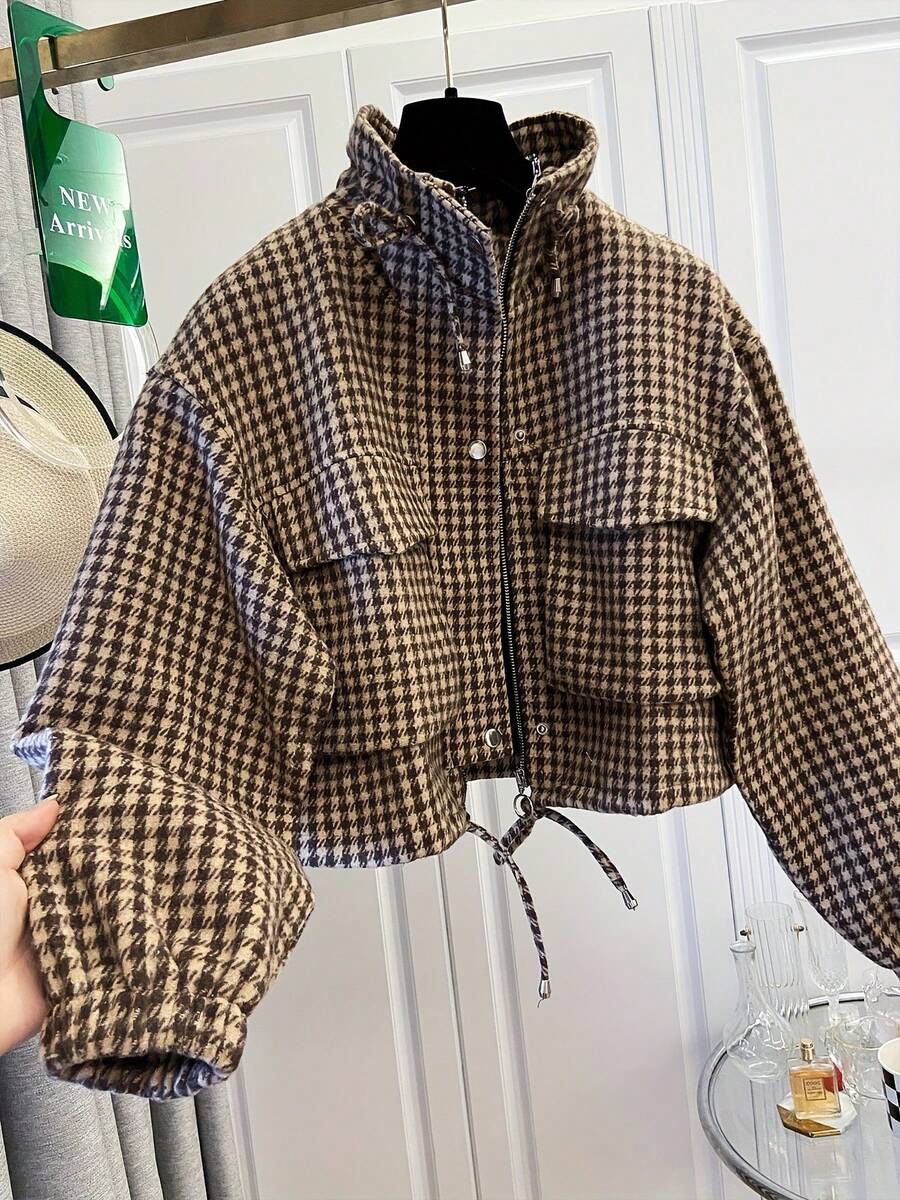Fashion Women's Short Houndstooth Woven Jacket, Stand Collar Long Sleeve Zipper Vintage Jacket