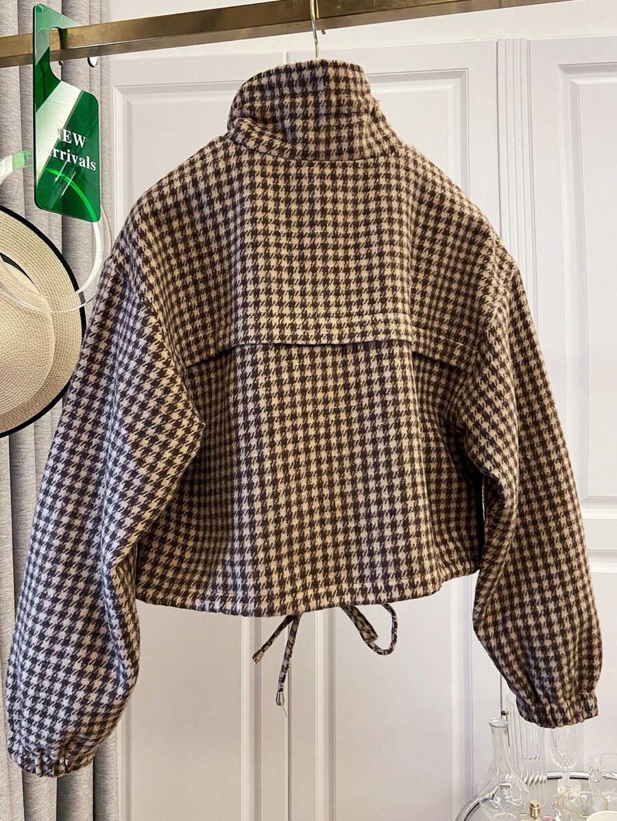 Fashion Women's Short Houndstooth Woven Jacket, Stand Collar Long Sleeve Zipper Vintage Jacket