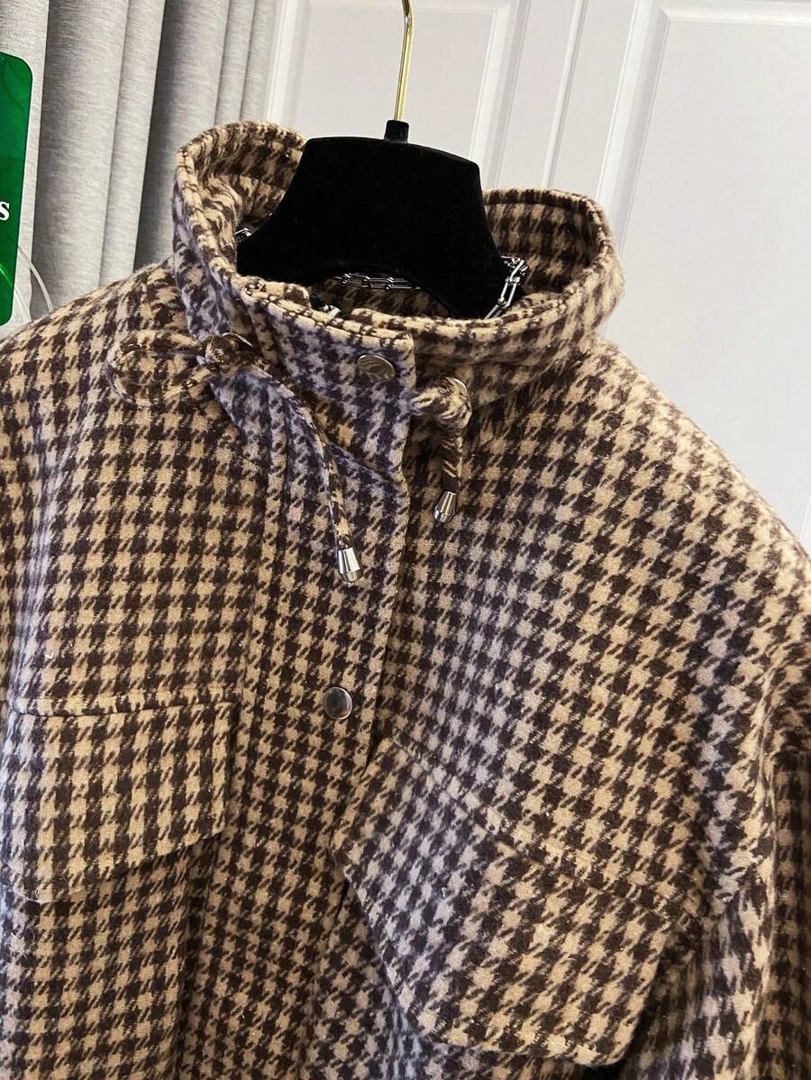Fashion Women's Short Houndstooth Woven Jacket, Stand Collar Long Sleeve Zipper Vintage Jacket