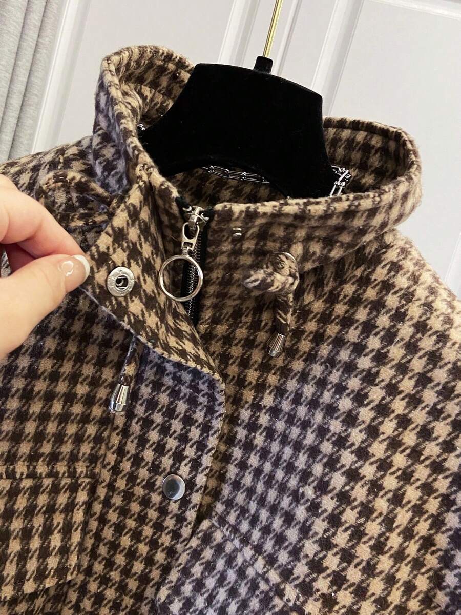 Fashion Women's Short Houndstooth Woven Jacket, Stand Collar Long Sleeve Zipper Vintage Jacket