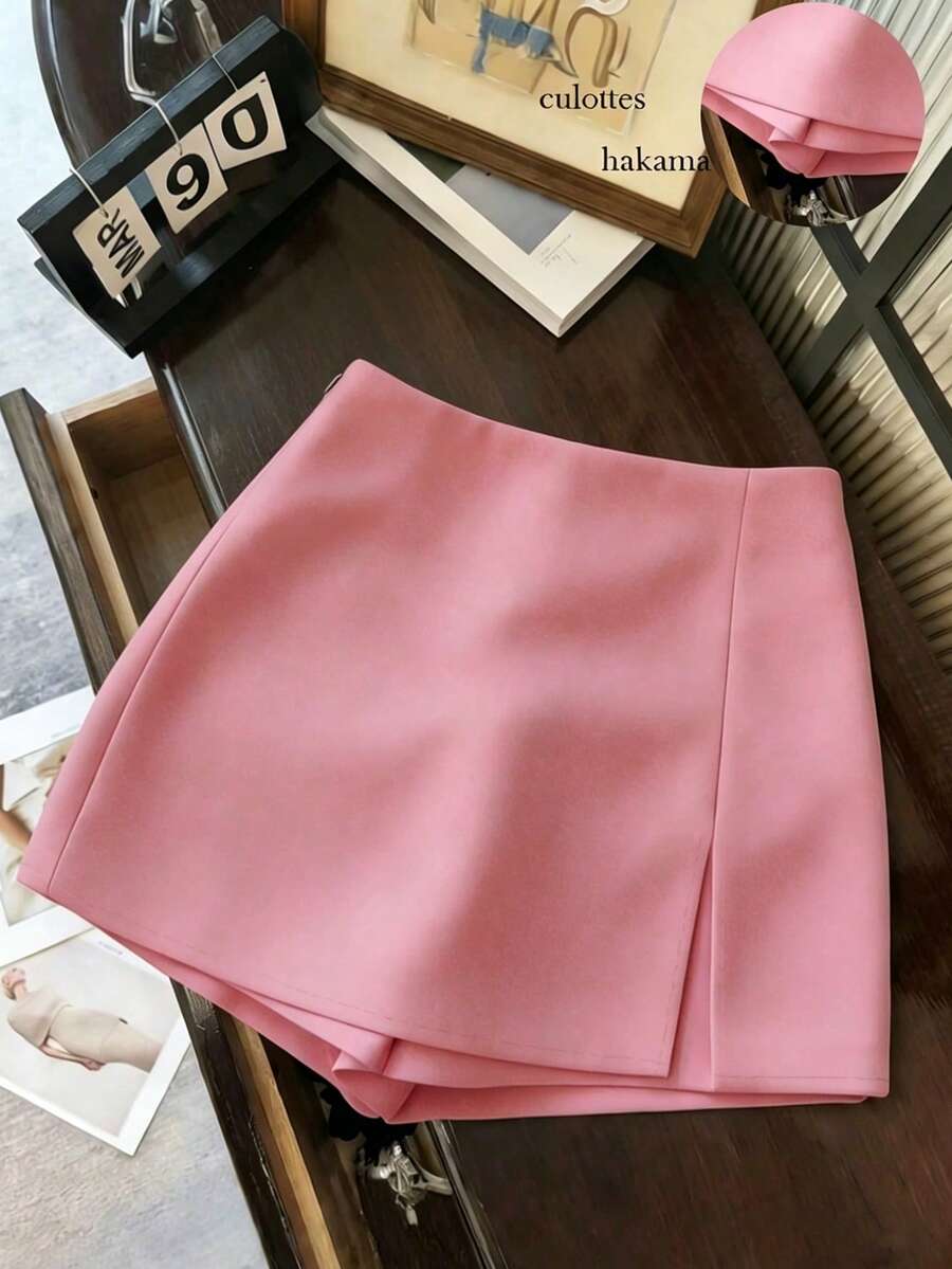 Franclia Women's Black Summer Casual Smart Office High Waist Slit Culottes,Textured Soft Fabric Shorts Skirt,Fashionable Commute Versatile Mini Hot Pants