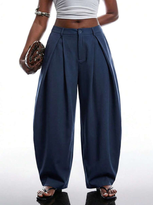 SHEIN EZwear Vintage Casual Street Style Loose Fit Olive Green Curved Hem Plus Size Pants, Autumn/Winter Baggy Fall