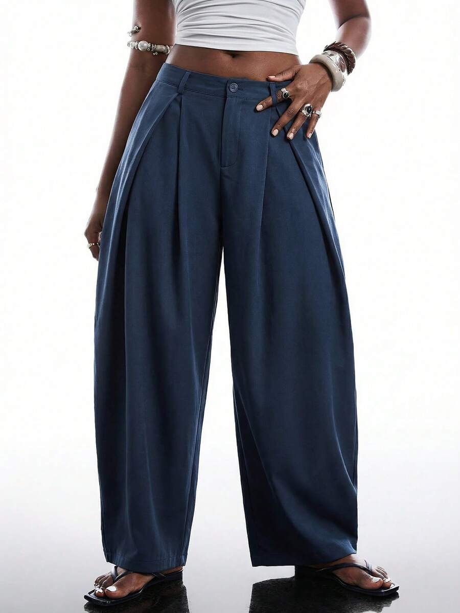 SHEIN EZwear Vintage Casual Street Style Loose Fit Olive Green Curved Hem Plus Size Pants, Autumn/Winter Baggy Fall