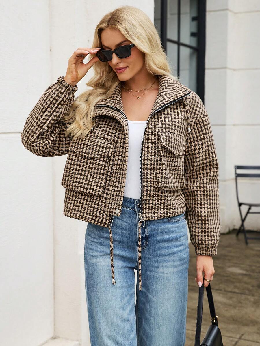 Fashion Women's Short Houndstooth Woven Jacket, Stand Collar Long Sleeve Zipper Vintage Jacket