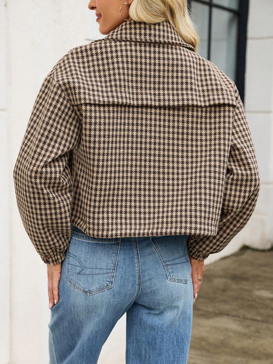 Fashion Women's Short Houndstooth Woven Jacket, Stand Collar Long Sleeve Zipper Vintage Jacket