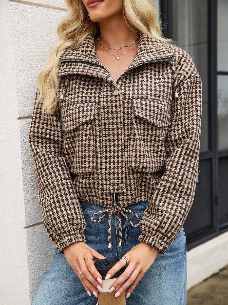 Fashion Women's Short Houndstooth Woven Jacket, Stand Collar Long Sleeve Zipper Vintage Jacket