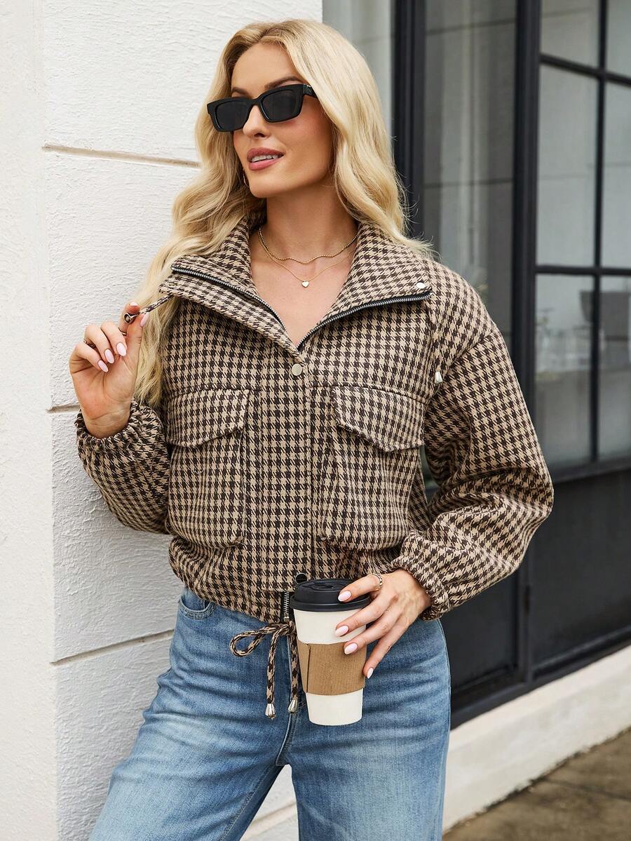 Fashion Women's Short Houndstooth Woven Jacket, Stand Collar Long Sleeve Zipper Vintage Jacket