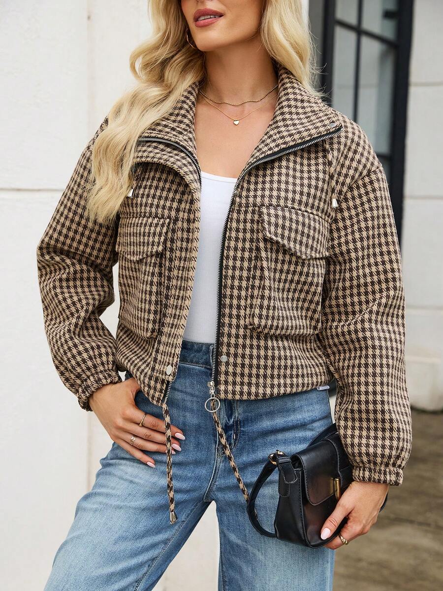 Fashion Women's Short Houndstooth Woven Jacket, Stand Collar Long Sleeve Zipper Vintage Jacket
