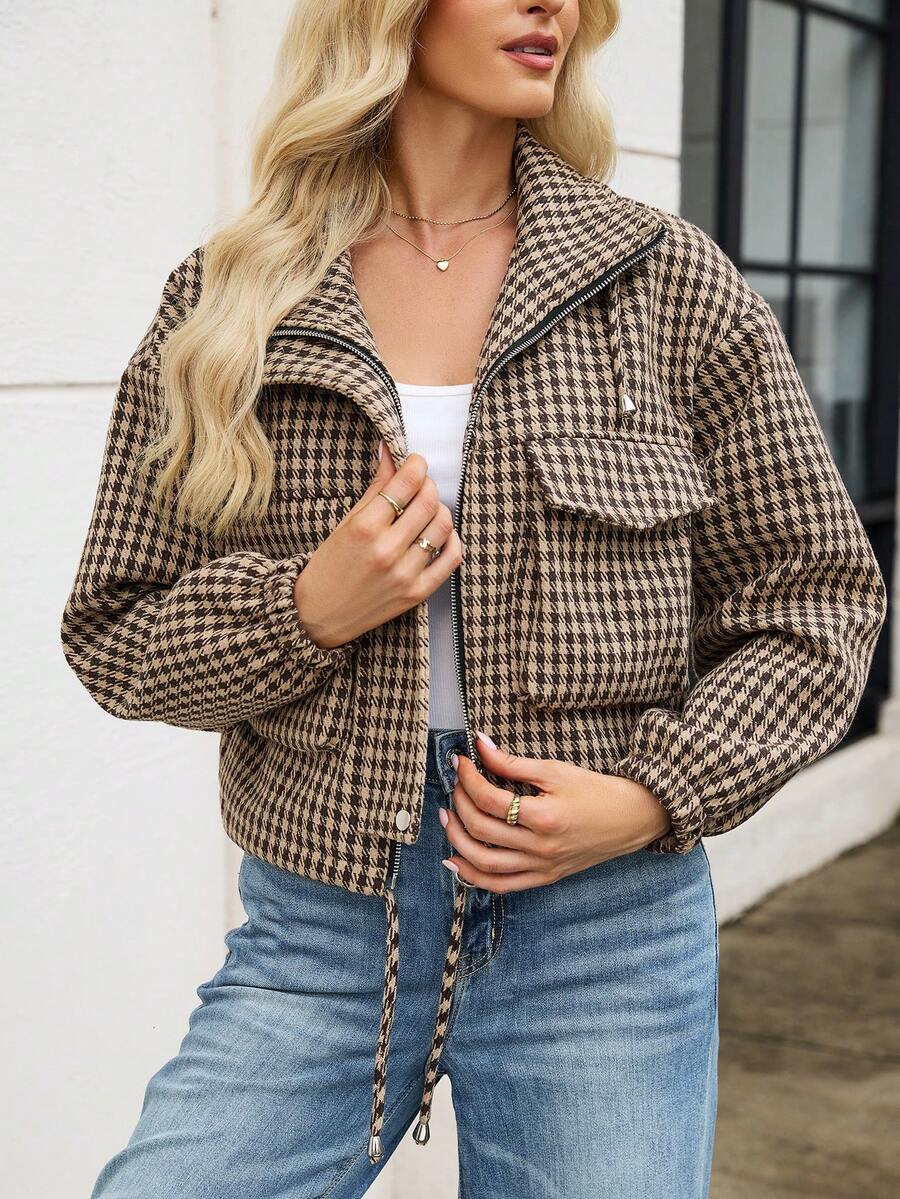 Fashion Women's Short Houndstooth Woven Jacket, Stand Collar Long Sleeve Zipper Vintage Jacket