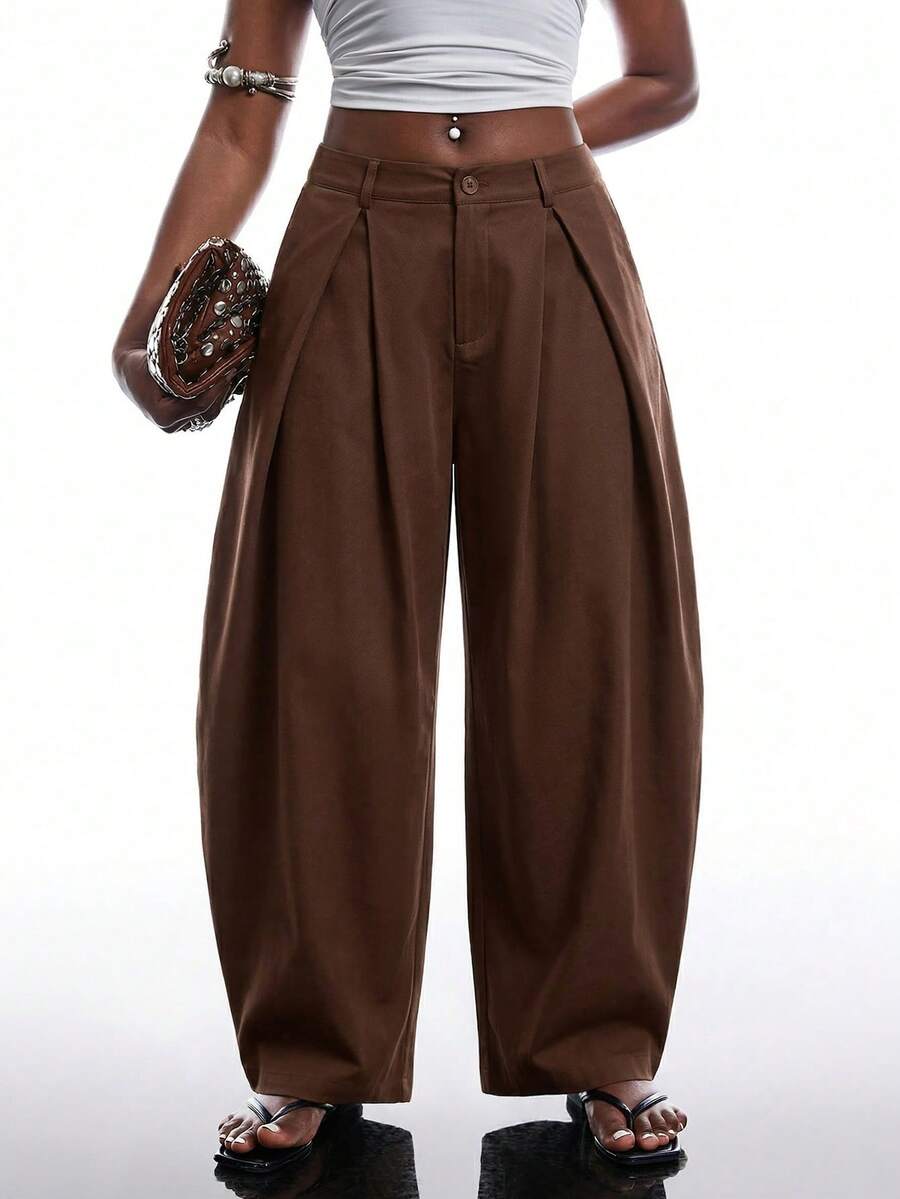 SHEIN EZwear Vintage Casual Street Style Loose Fit Olive Green Curved Hem Plus Size Pants, Autumn/Winter Baggy Fall