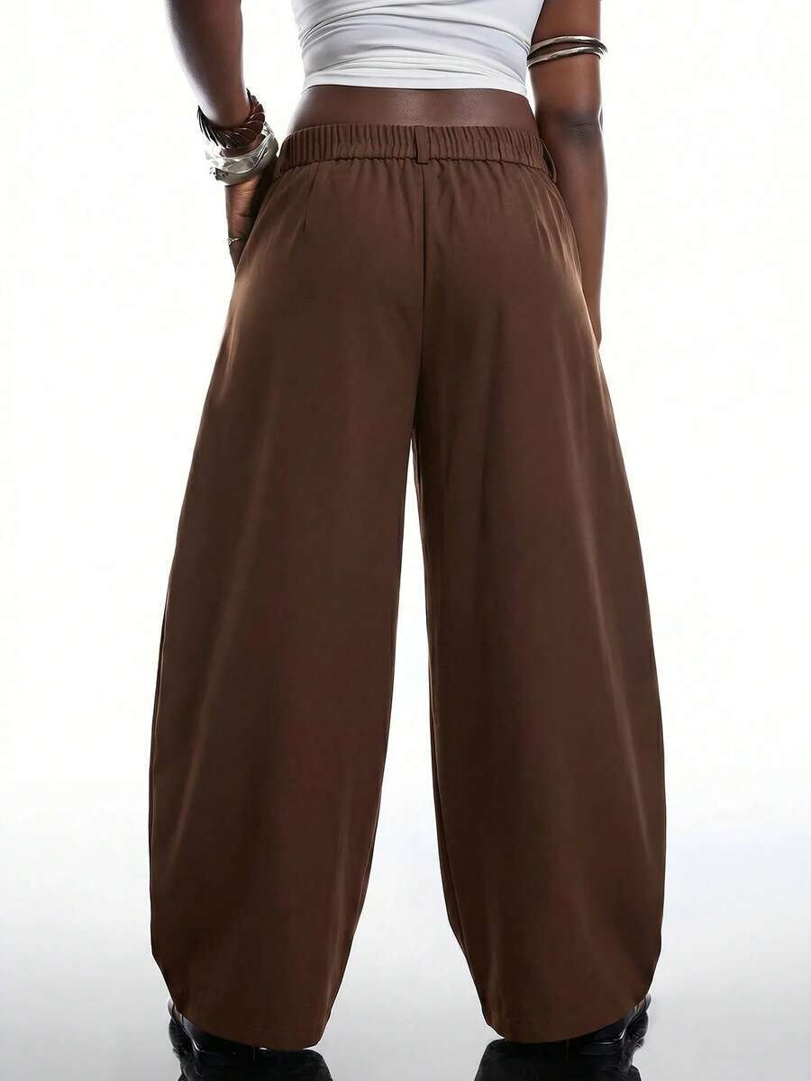 SHEIN EZwear Vintage Casual Street Style Loose Fit Olive Green Curved Hem Plus Size Pants, Autumn/Winter Baggy Fall