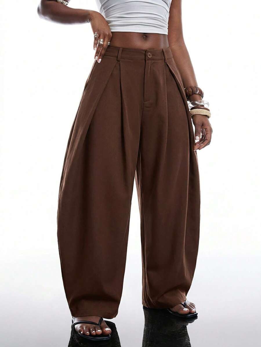 SHEIN EZwear Vintage Casual Street Style Loose Fit Olive Green Curved Hem Plus Size Pants, Autumn/Winter Baggy Fall