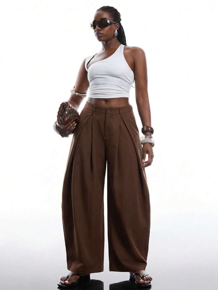 SHEIN EZwear Vintage Casual Street Style Loose Fit Olive Green Curved Hem Plus Size Pants, Autumn/Winter Baggy Fall