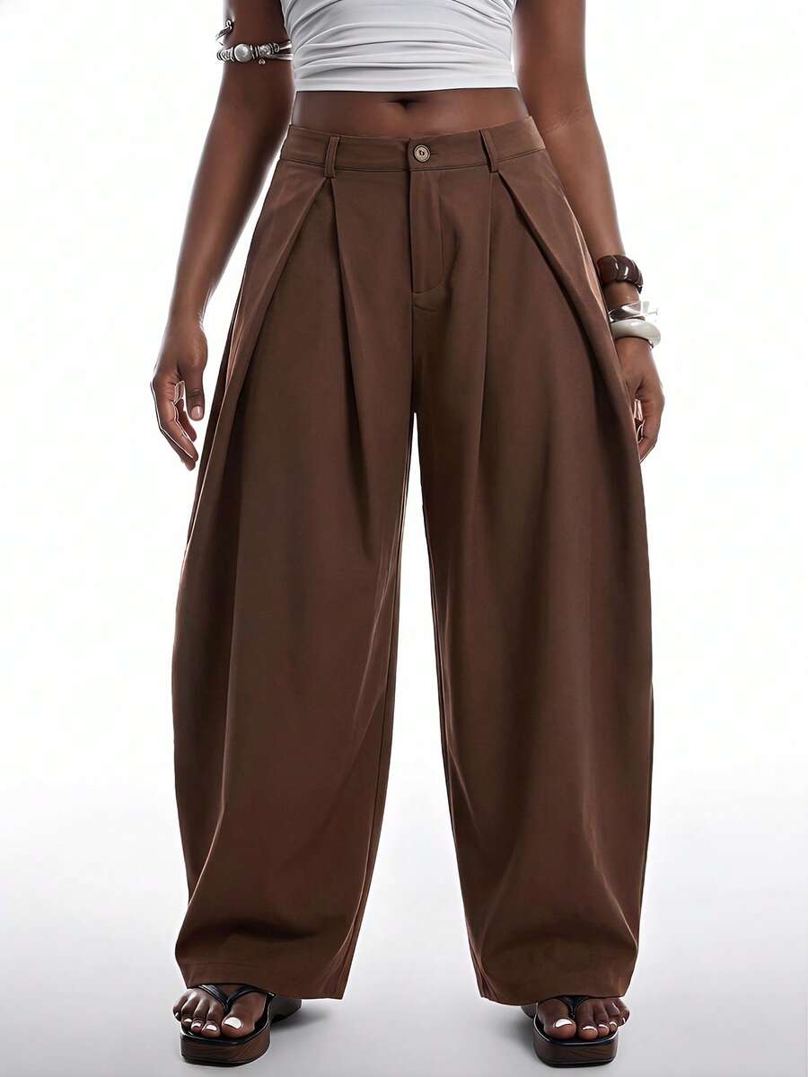 SHEIN EZwear Vintage Casual Street Style Loose Fit Olive Green Curved Hem Plus Size Pants, Autumn/Winter Baggy Fall