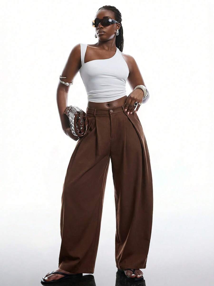 SHEIN EZwear Vintage Casual Street Style Loose Fit Olive Green Curved Hem Plus Size Pants, Autumn/Winter Baggy Fall