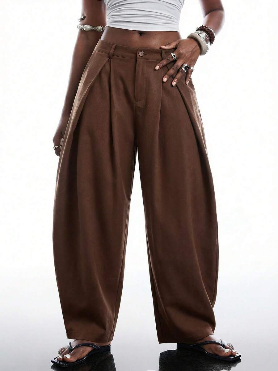 SHEIN EZwear Vintage Casual Street Style Loose Fit Olive Green Curved Hem Plus Size Pants, Autumn/Winter Baggy Fall