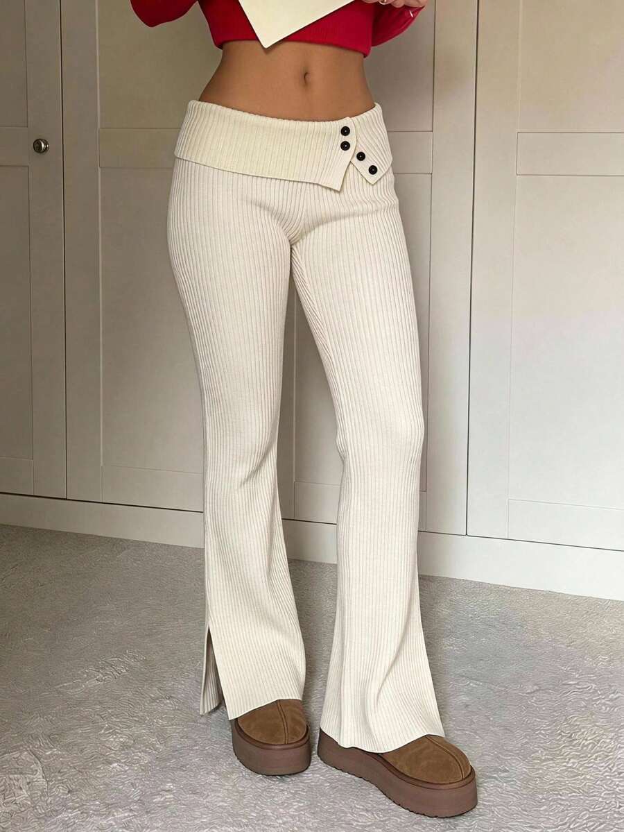 CovetEZ Women's Off-White Autumn Casual Lounge Sweater Trousers,Comfortable Sweet Thermal Lined Warm Double-Layer Waist Design Buttons Asymmetrical Pants