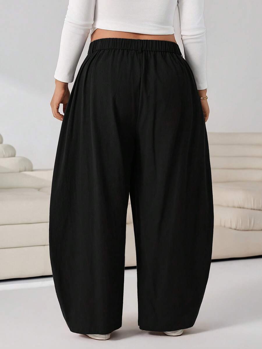 SHEIN EZwear Vintage Casual Street Style Loose Fit Olive Green Curved Hem Plus Size Pants, Autumn/Winter Baggy Fall
