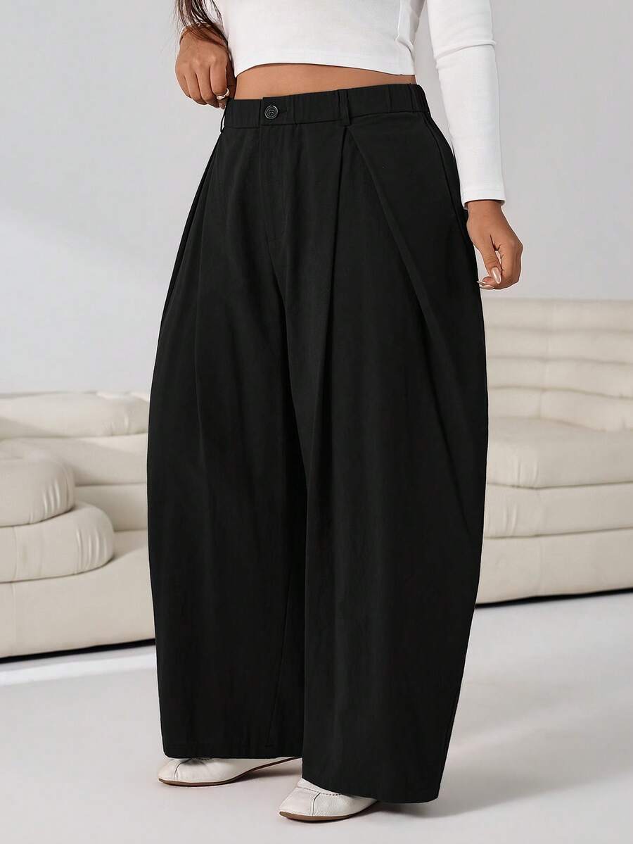 SHEIN EZwear Vintage Casual Street Style Loose Fit Olive Green Curved Hem Plus Size Pants, Autumn/Winter Baggy Fall