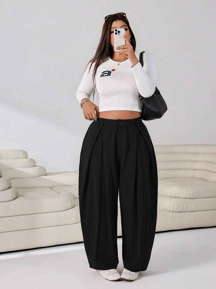 SHEIN EZwear Vintage Casual Street Style Loose Fit Olive Green Curved Hem Plus Size Pants, Autumn/Winter Baggy Fall