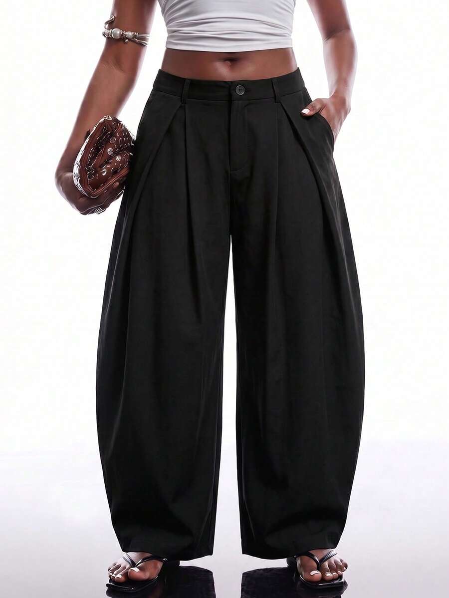 SHEIN EZwear Vintage Casual Street Style Loose Fit Olive Green Curved Hem Plus Size Pants, Autumn/Winter Baggy Fall