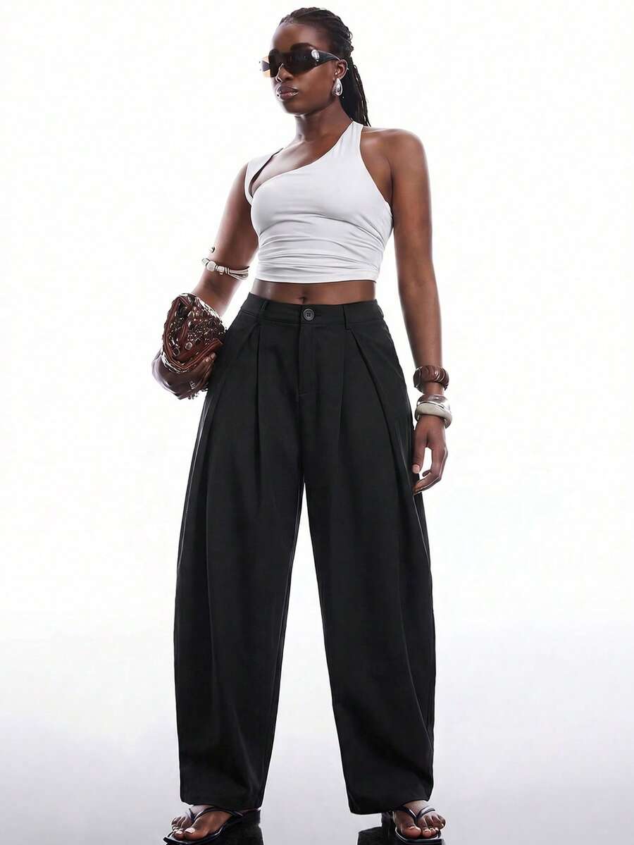 SHEIN EZwear Vintage Casual Street Style Loose Fit Olive Green Curved Hem Plus Size Pants, Autumn/Winter Baggy Fall