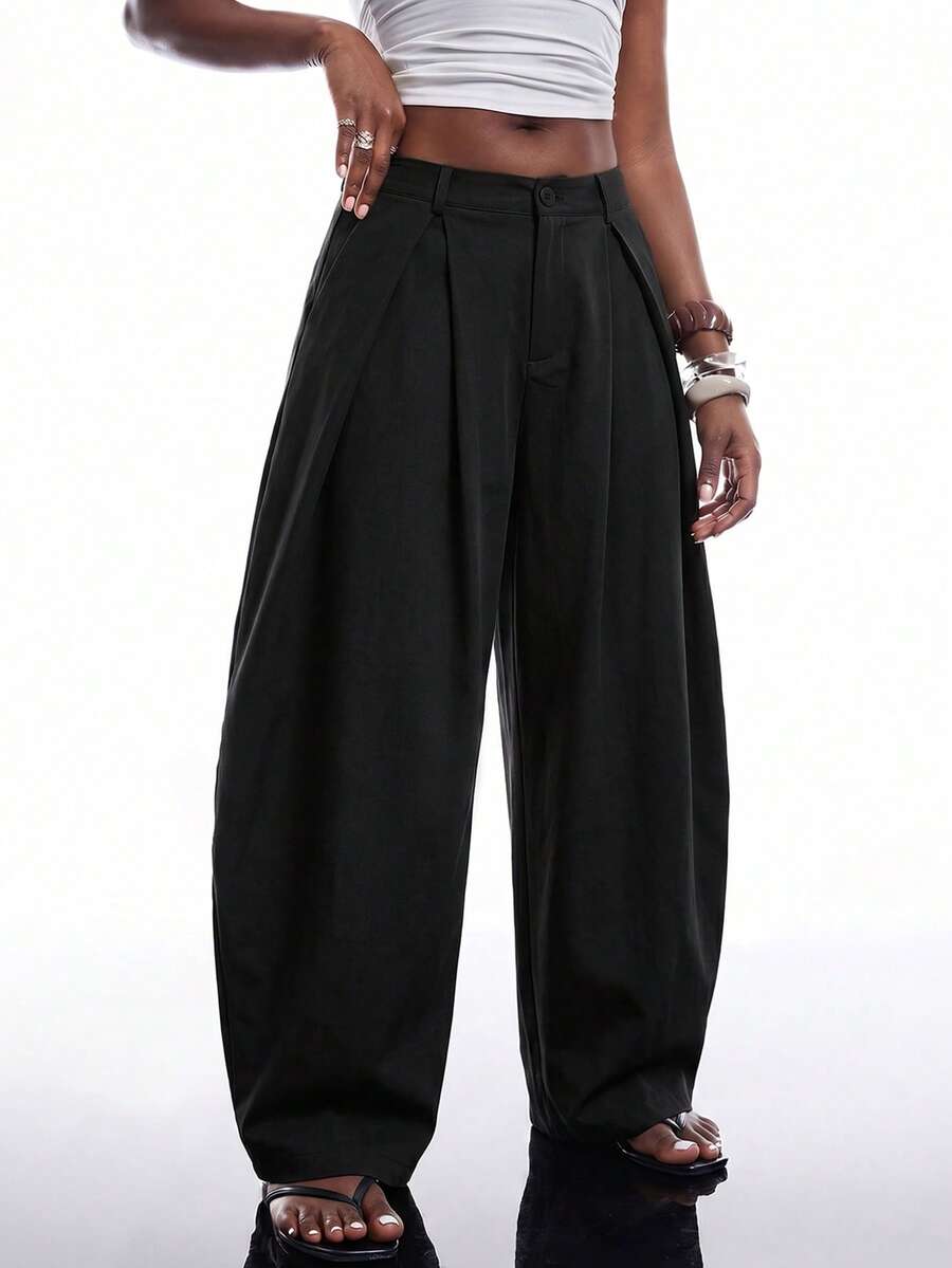 SHEIN EZwear Vintage Casual Street Style Loose Fit Olive Green Curved Hem Plus Size Pants, Autumn/Winter Baggy Fall