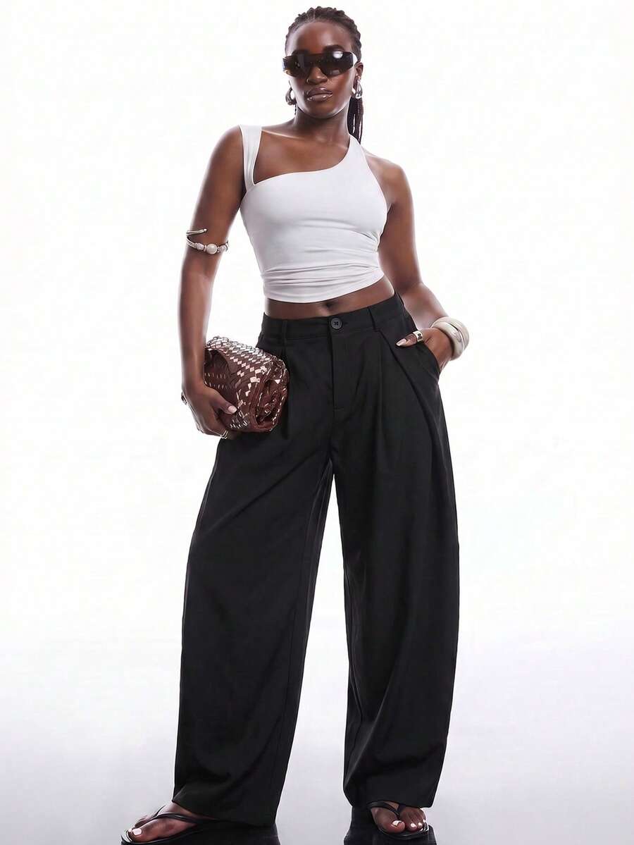 SHEIN EZwear Vintage Casual Street Style Loose Fit Olive Green Curved Hem Plus Size Pants, Autumn/Winter Baggy Fall