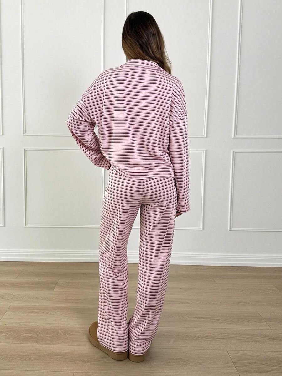 Siren Gaze Women's 2-Piece Set Loose Brown Striped V-Neck Drop Shoulder Long Sleeve T-Shirt And Elastic Waist Pants, Winter Sweater Set, Autumn, Casual, Travel