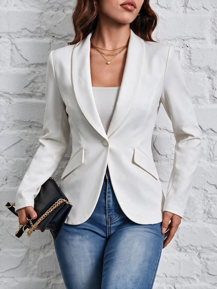 SHEIN PETITE Summer Wear Suitable For Commuting. Shawl Collar Single-Button Black Suit Jacket, Bussines Casual Elegant Women,Petite Teachers' Day Office Business