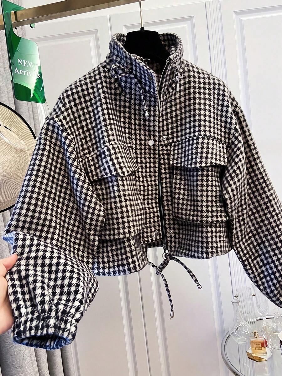 Fashion Women's Short Houndstooth Woven Jacket, Stand Collar Long Sleeve Zipper Vintage Jacket