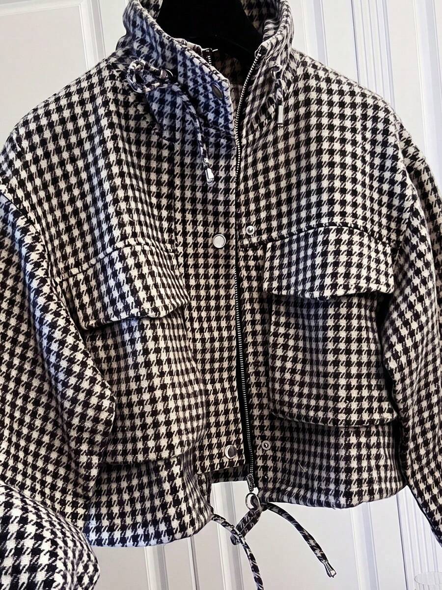 Fashion Women's Short Houndstooth Woven Jacket, Stand Collar Long Sleeve Zipper Vintage Jacket