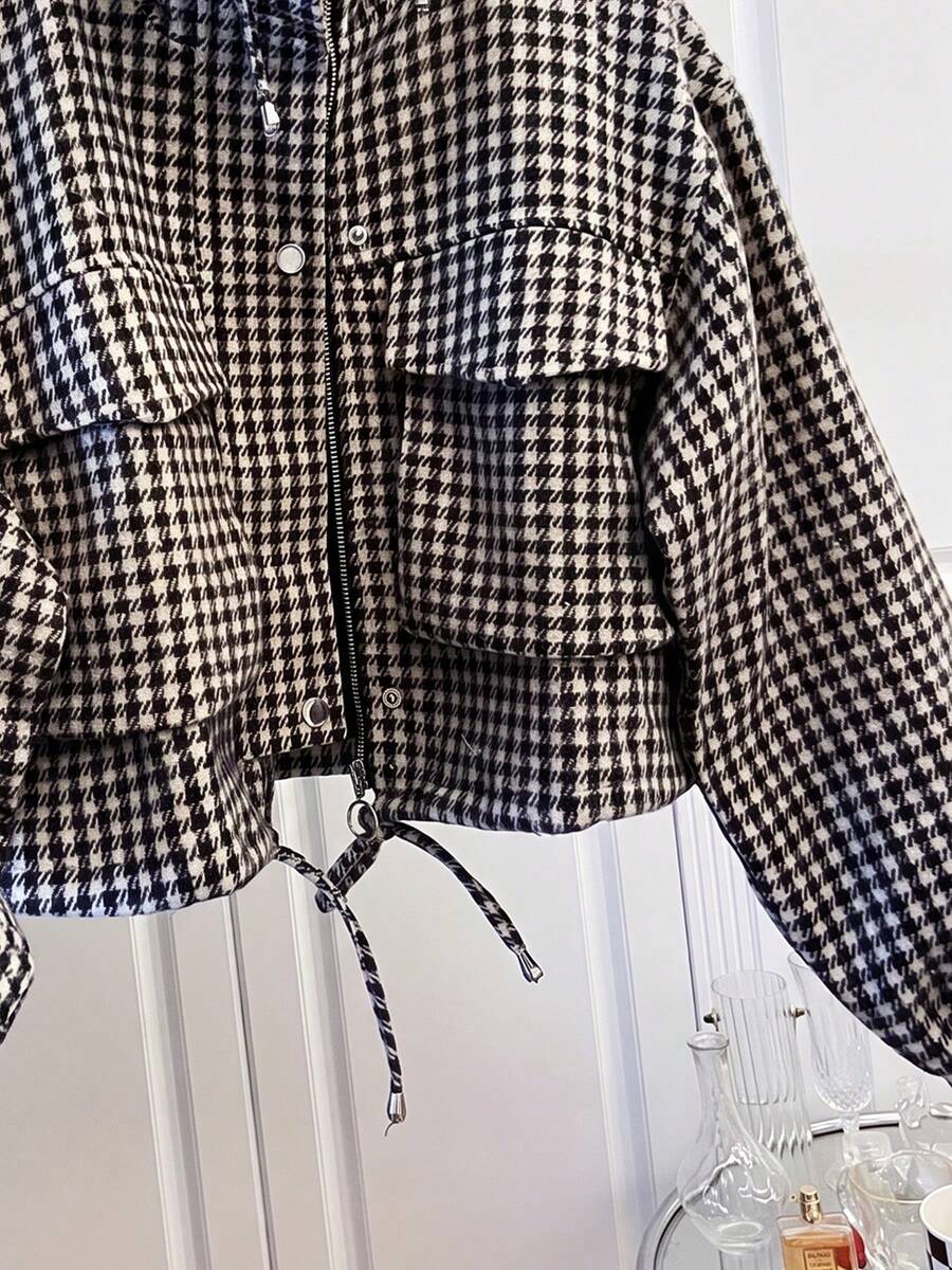 Fashion Women's Short Houndstooth Woven Jacket, Stand Collar Long Sleeve Zipper Vintage Jacket