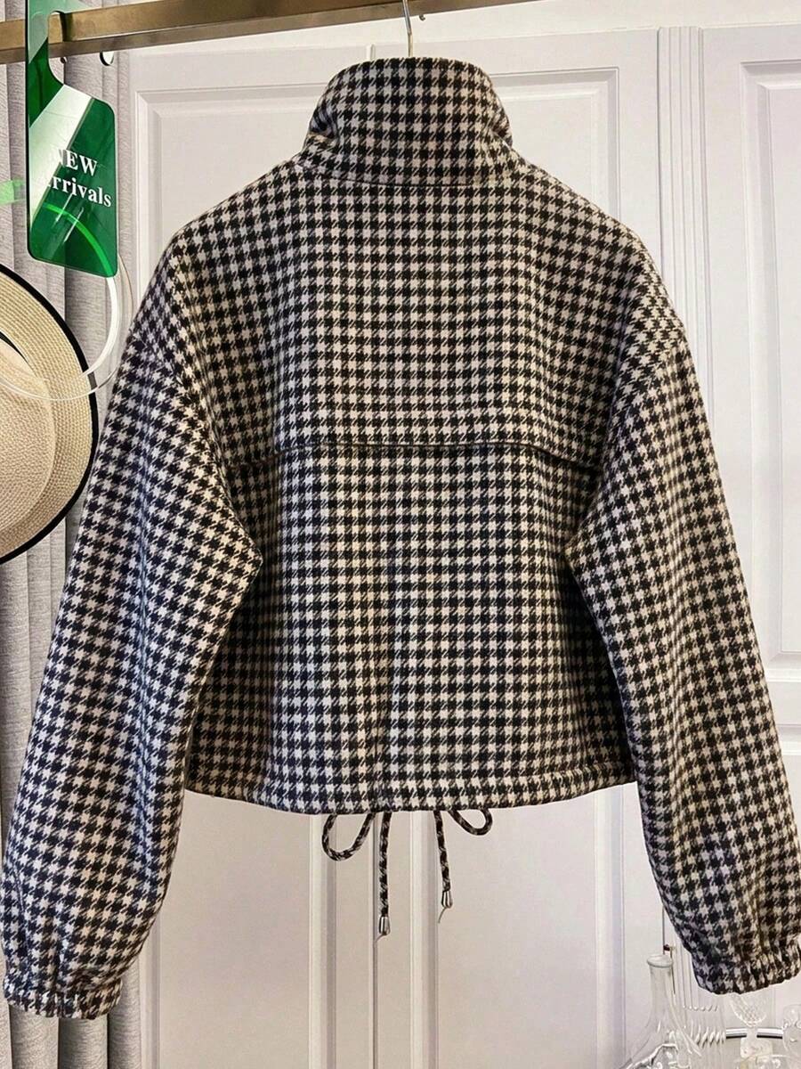 Fashion Women's Short Houndstooth Woven Jacket, Stand Collar Long Sleeve Zipper Vintage Jacket