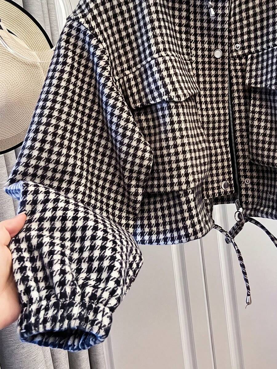 Fashion Women's Short Houndstooth Woven Jacket, Stand Collar Long Sleeve Zipper Vintage Jacket