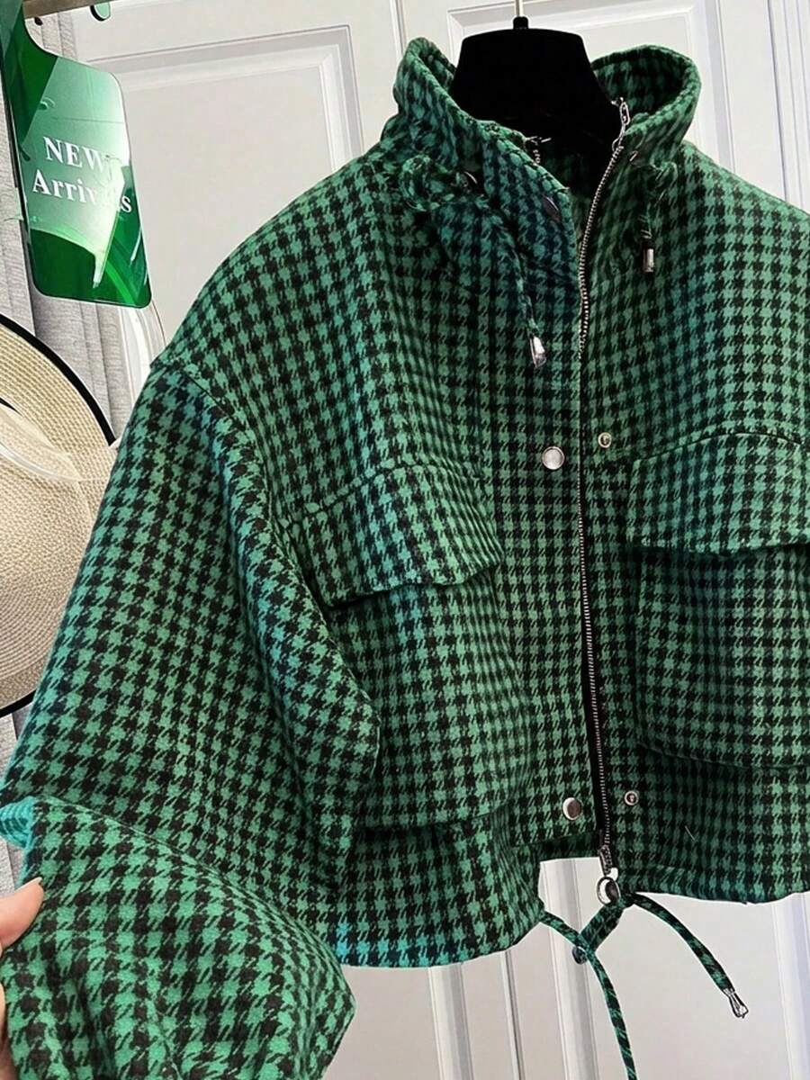 Fashion Women's Short Houndstooth Woven Jacket, Stand Collar Long Sleeve Zipper Vintage Jacket