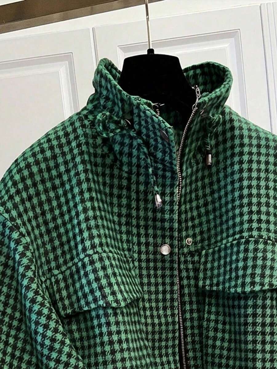 Fashion Women's Short Houndstooth Woven Jacket, Stand Collar Long Sleeve Zipper Vintage Jacket