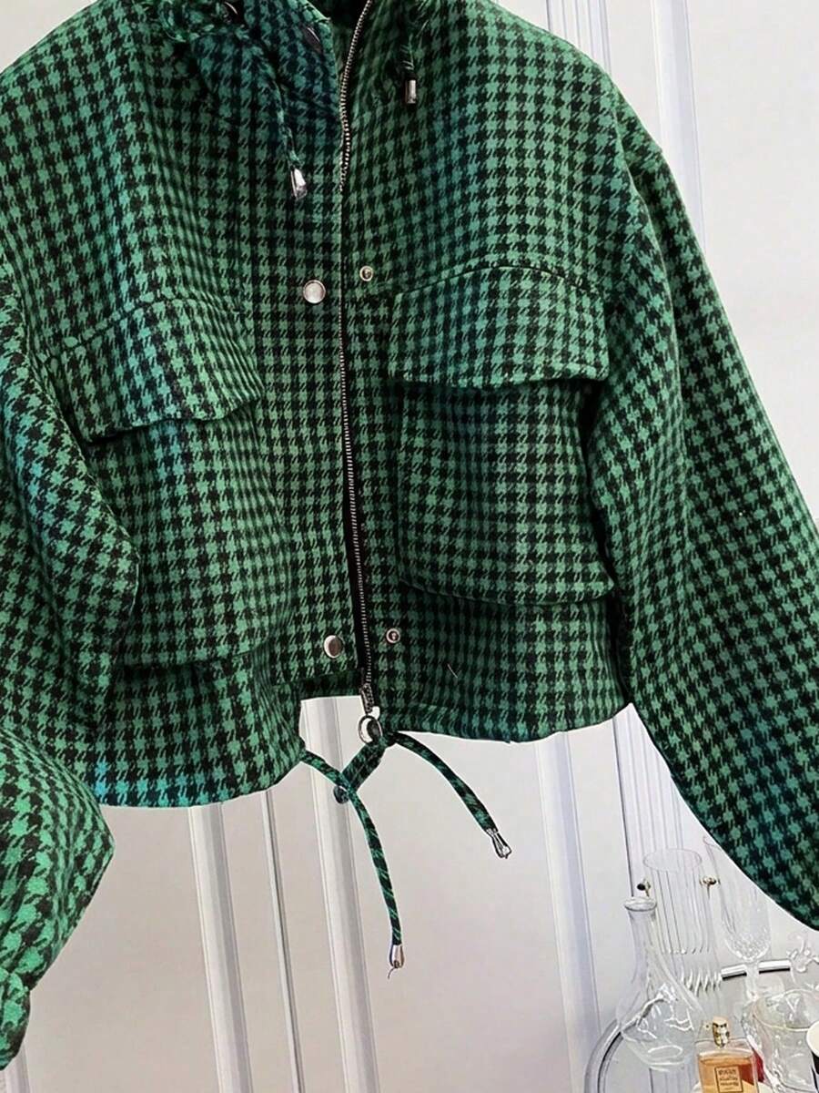 Fashion Women's Short Houndstooth Woven Jacket, Stand Collar Long Sleeve Zipper Vintage Jacket