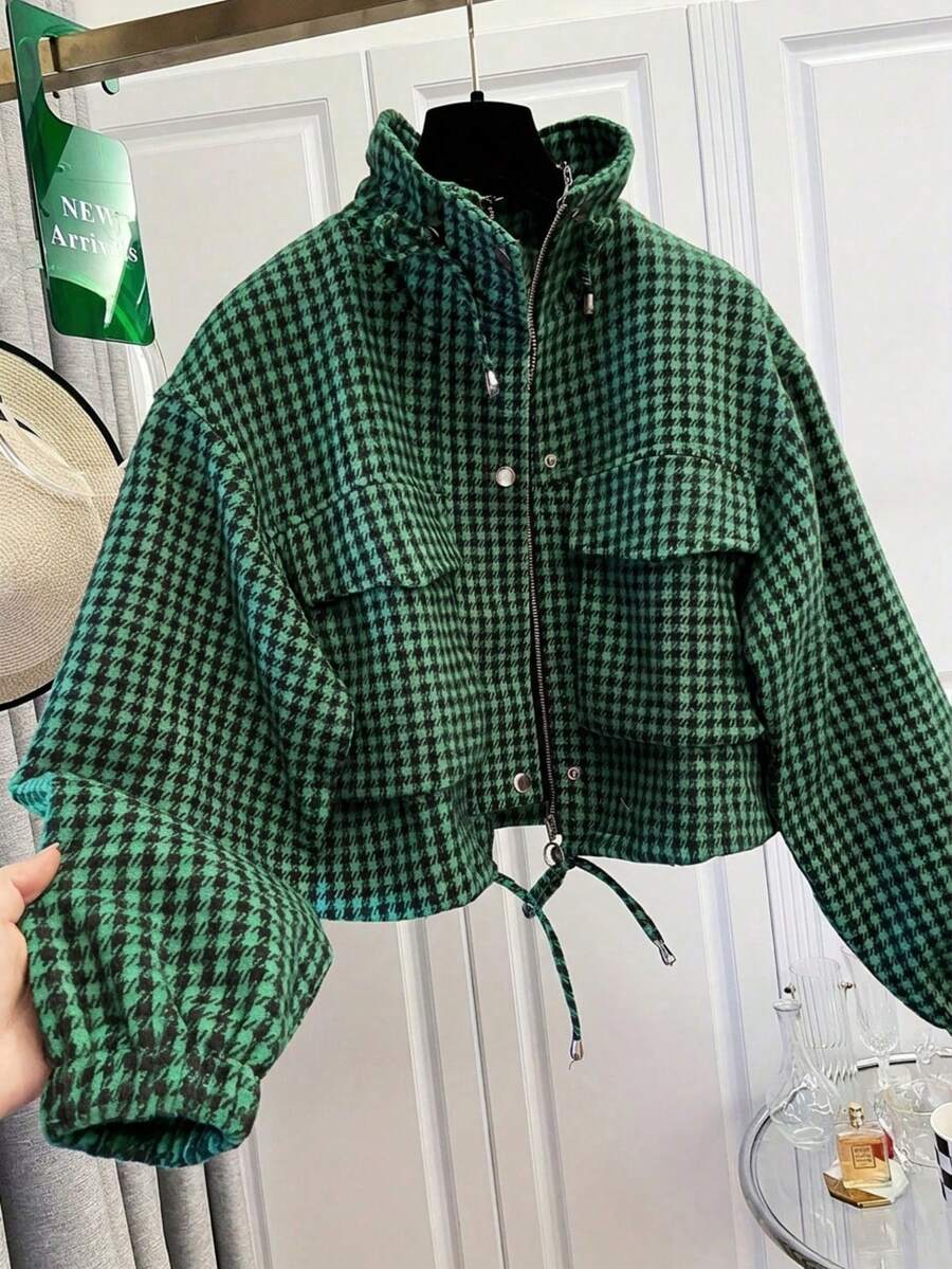 Fashion Women's Short Houndstooth Woven Jacket, Stand Collar Long Sleeve Zipper Vintage Jacket