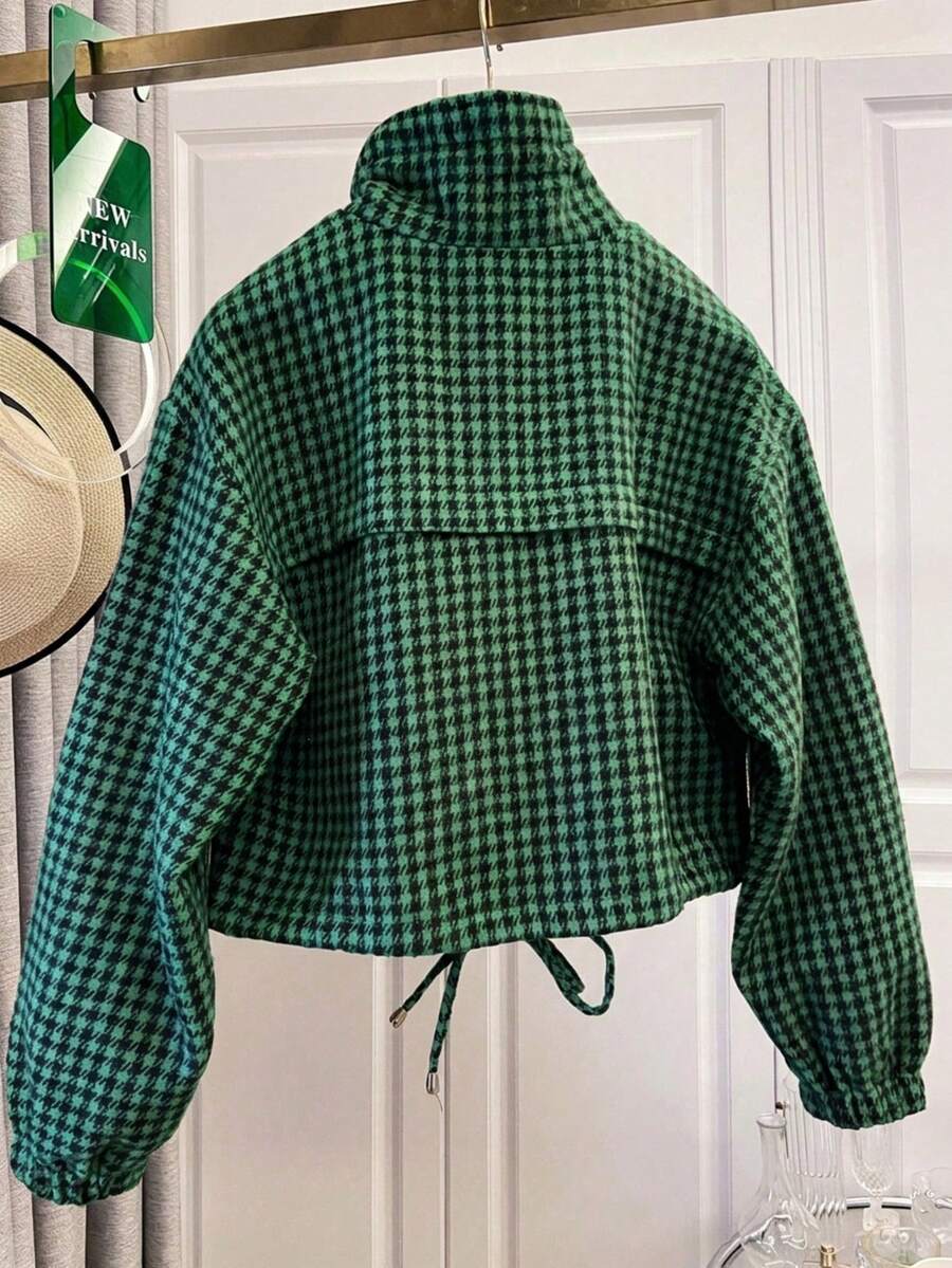 Fashion Women's Short Houndstooth Woven Jacket, Stand Collar Long Sleeve Zipper Vintage Jacket